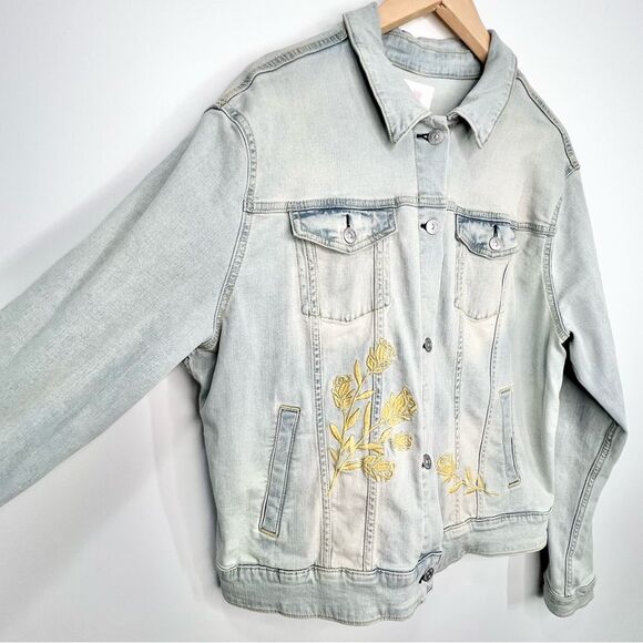 LuLaRoe Harvey Embroidered Yellow Rose Light Wash Stretch Denim Jacket 2XL - Picture 2 of 9